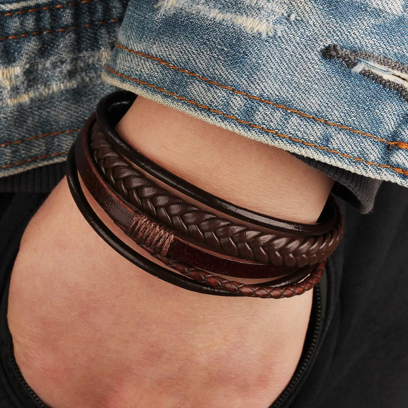 Designice Leather Bracelet with Magnetic Clasp Bracelet for Men - Brown