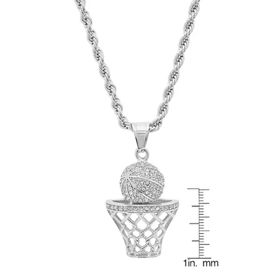 SteelTime Men's 18K Silver Plated Stainless Steel Basketball Hoop Chain Pendant Necklace