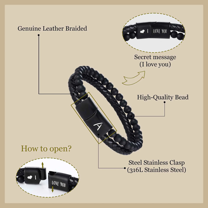 Leather Bracelet for Men Initial H Layered Black Beaded Bracelets I Love You Gifts for Him