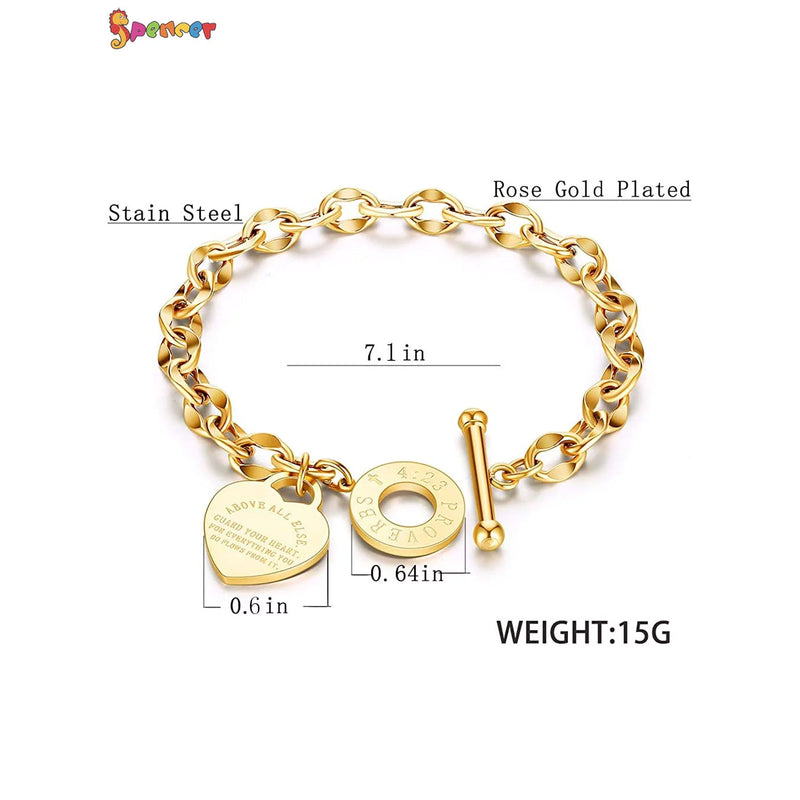 Spencer Stainless Steel Love Heart Charm Bracelet Link Chain Bangle Gift for Women Girl (Gold)