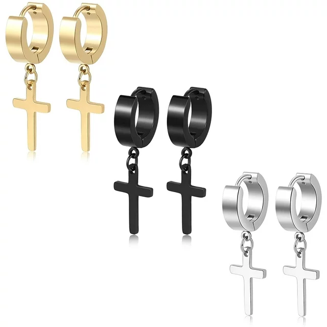 3 Pairs of Cross hoop Earrings for Men and Women Silver Gold Black