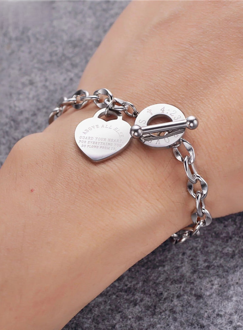 Spencer Stainless Steel Love Heart Charm Bracelet Link Chain Bangle Gift for Women Girl (Silver)