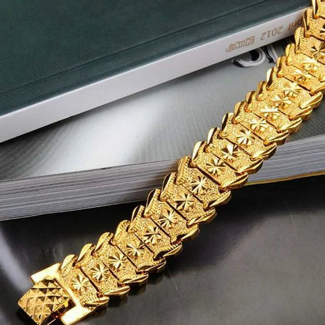 Designice Jewelry Men's Fashion Yellow Gold Plated Link Bracelet Carving Bangle