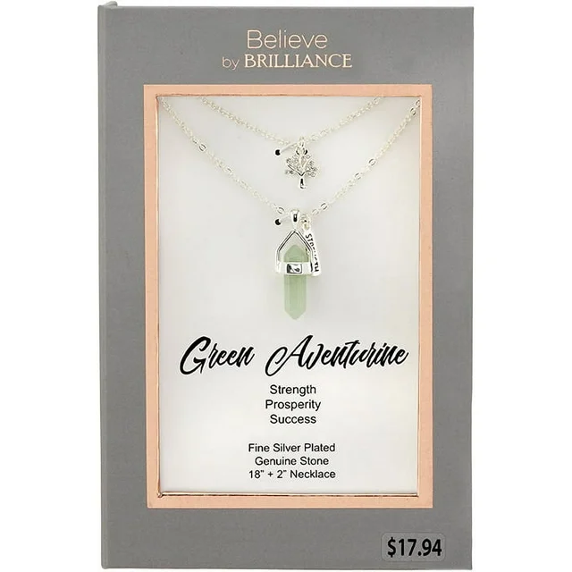 Women's Fine Silver Plated Green Aventurine "Family" Tree Layer Necklace, 16 & 18" + 2" Extender