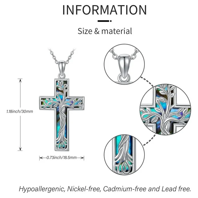 Coachuhhar Cross Necklace 925 Sterling Silver Tree of Life Necklace with Abalone Shell Pendant Necklace Cross Jewelry Gifts for Women men Girls