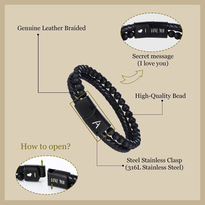 Leather Bracelet for Men Initial I Layered Black Beaded Bracelets I Love You Gifts for Him