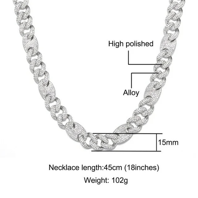 FEEL STYLE Male Zircon Silver Plated Figaro Chain Necklace for Men Teen 15MM 18"