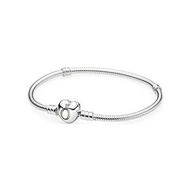 Pandora Moments Women's Sterling Silver Snake Chain Charm Bangle Bracelet with Heart Clasp