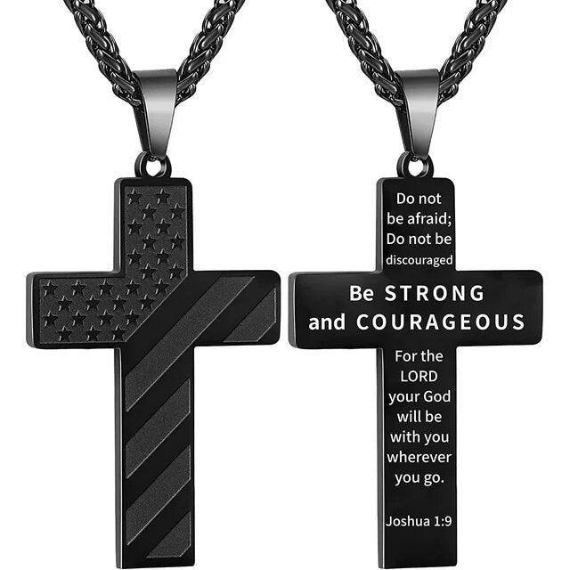 APSVO Black Cross Necklace for Men Bible Verse Stainless Steel American Flag Pendant Chain for Boys Men