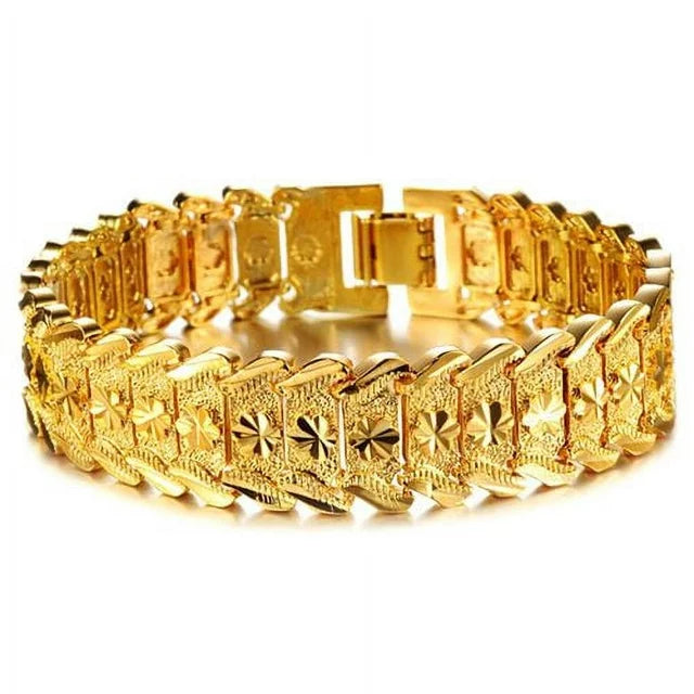 Designice Jewelry Men's Fashion Yellow Gold Plated Link Bracelet Carving Bangle