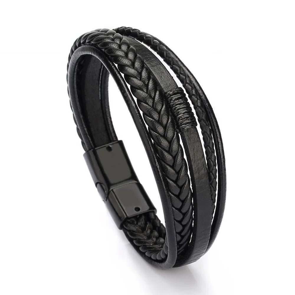 Designice Mens Leather Bracelet Bracelet for Men with Magnetic Clasp - Multi-Layer Rope Wristband Style Men Bracelet Black 21.5cm