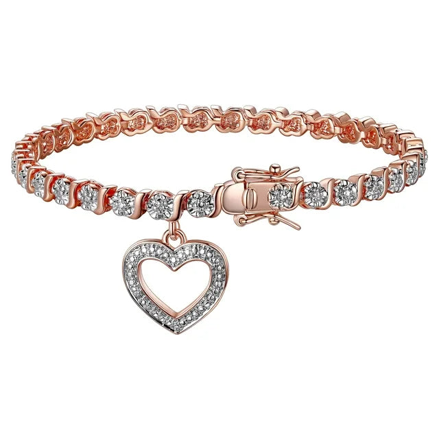 Forever Facets Diamond Accent Open Heart Charm 14k Rose Gold Plated 7.25” Tennis Bracelet, Adult Female