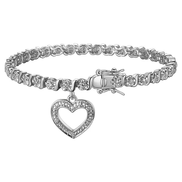Forever Facets Diamond Accent Open Heart Charm Rhodium Plated 7.25” Tennis Bracelet, Adult Female