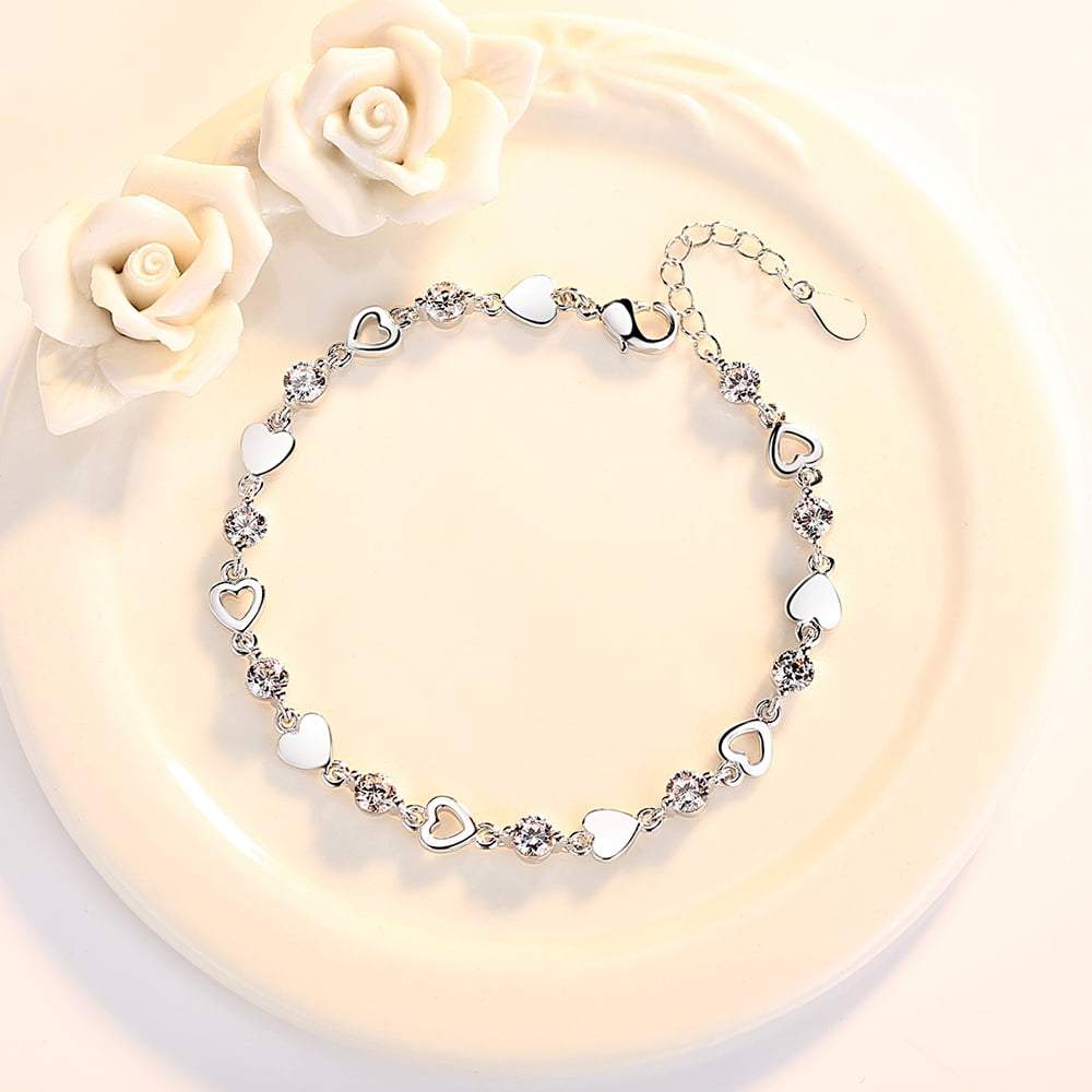 Gpoty 8"+1.4"Crystal Heart Charm Bracelet,Heart Charm Crystal Bracelet,925 Silver