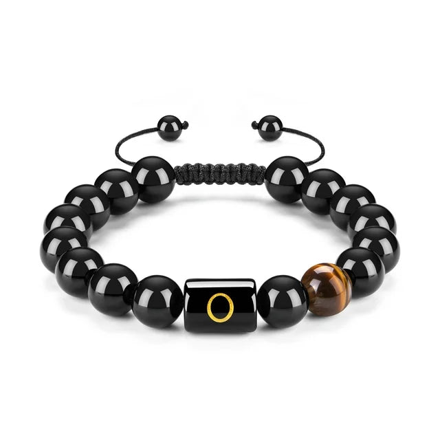 Initials Bracelets for Men Letter Link Handmade Natural Black Onyx Tiger Eye Stone Beads