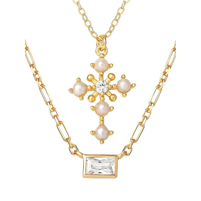 JS Jessica Simpson Gold Plated Sterling Silver CZ and Pearl Cross Layering Necklace Set