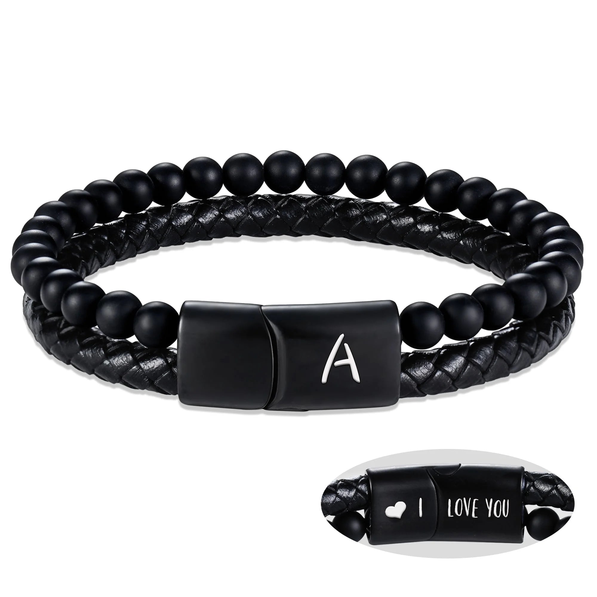 Leather Bracelet for Men Initial A Layered Black Beaded Bracelets I Love You Gifts for Him
