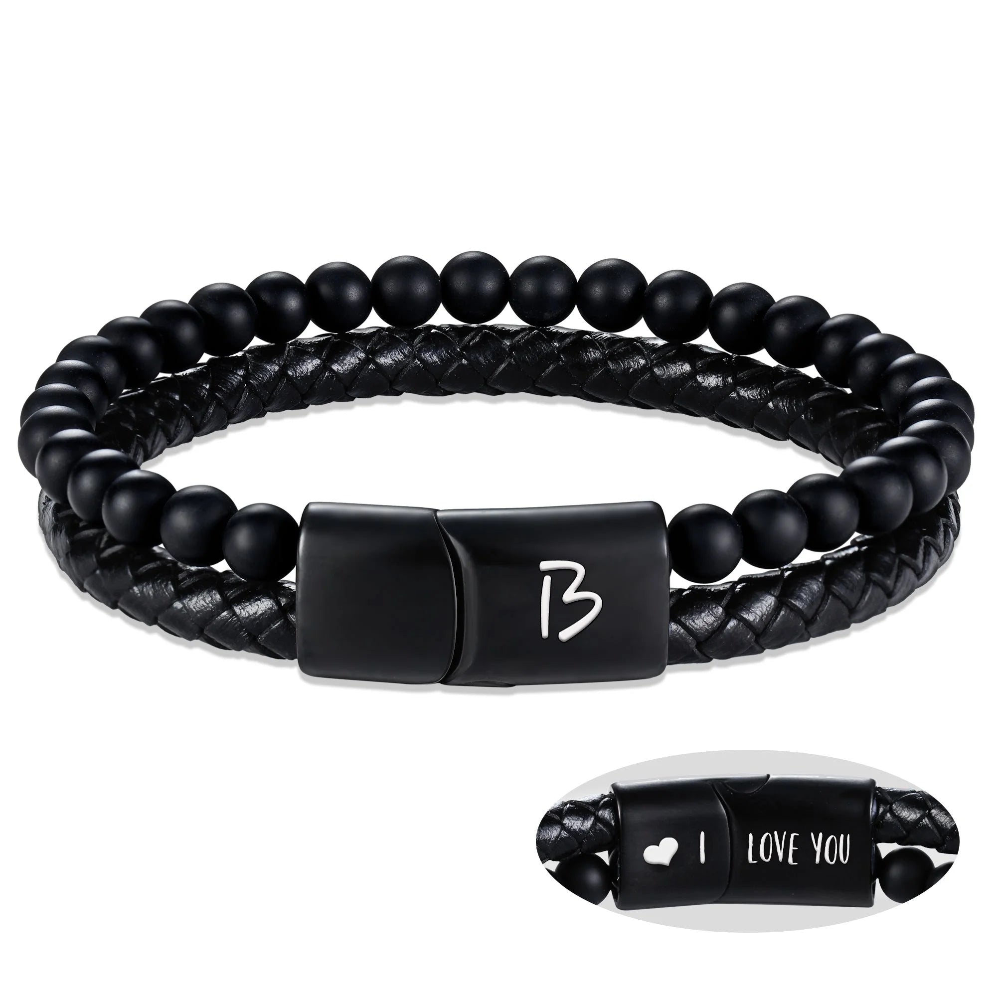 Leather Bracelet for Men Initial B Layered Black Beaded Bracelets I Love You Gifts for Him