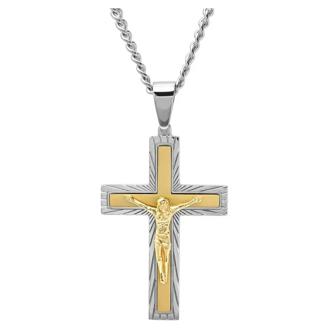 Men’s Two-Tone Yellow IP Stainless Steel Crucifix Pendant – 24 Inches