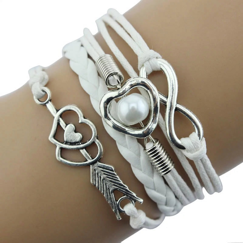 Ozmmyan Sterling Silver Bracelets For Women Heart Pearl Friendship Antique Leather Bracelet