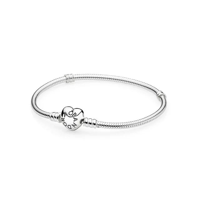 Pandora Moments Women's Sterling Silver Snake Chain Charm Bangle Bracelet with Heart Clasp