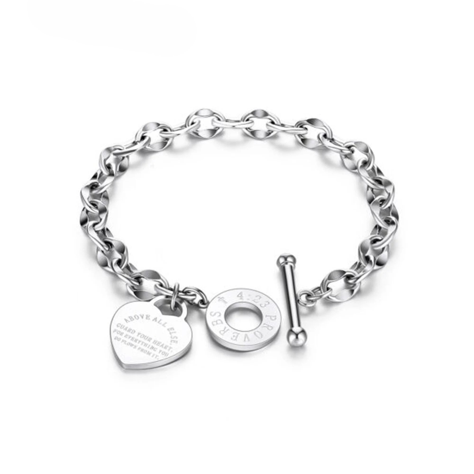 Spencer Stainless Steel Love Heart Charm Bracelet Link Chain Bangle Gift for Women Girl (Silver)