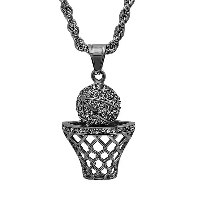 SteelTime Men's 18K Black Ion Plated Stainless Steel Basketball Hoop Chain Pendant Necklace
