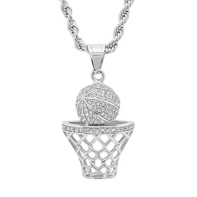 SteelTime Men's 18K Silver Plated Stainless Steel Basketball Hoop Chain Pendant Necklace