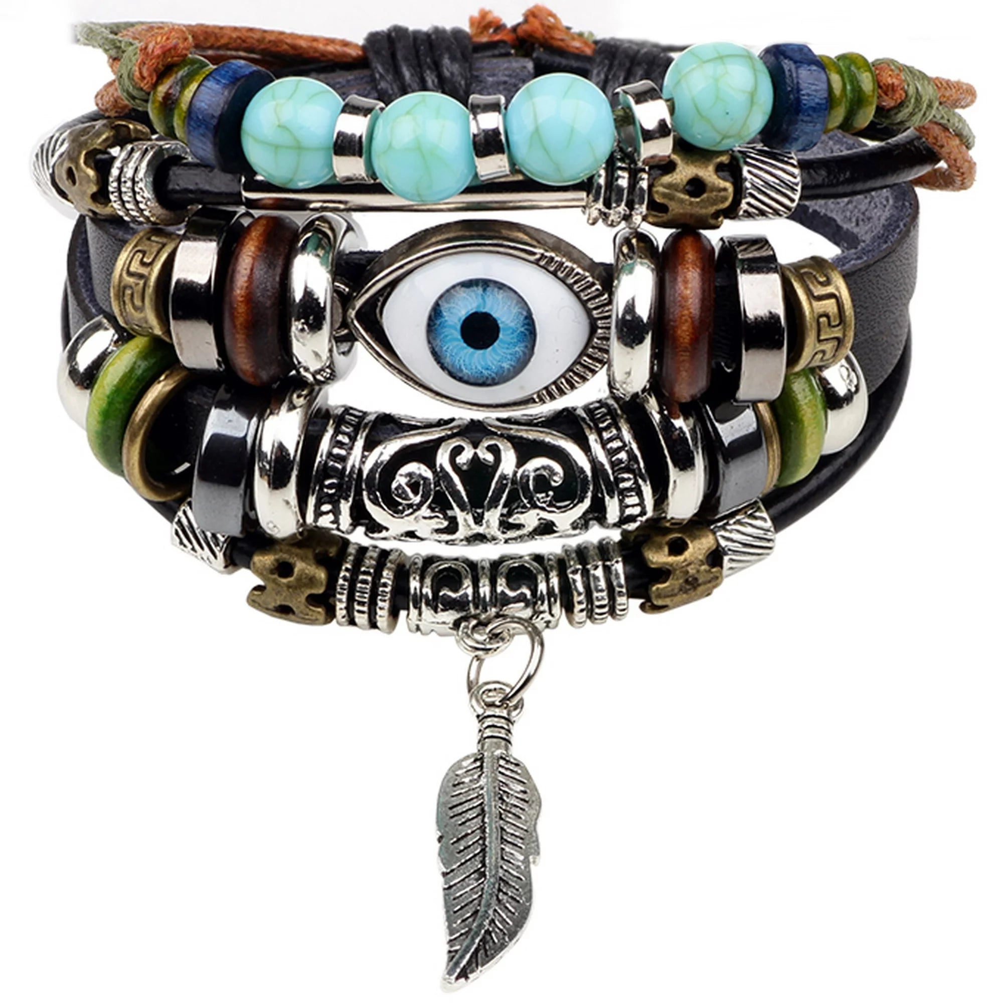 Tribal Evil Eye Protection Synthetic Turquois and Feather Unisex Leather Wristband Bracelet Men or Women