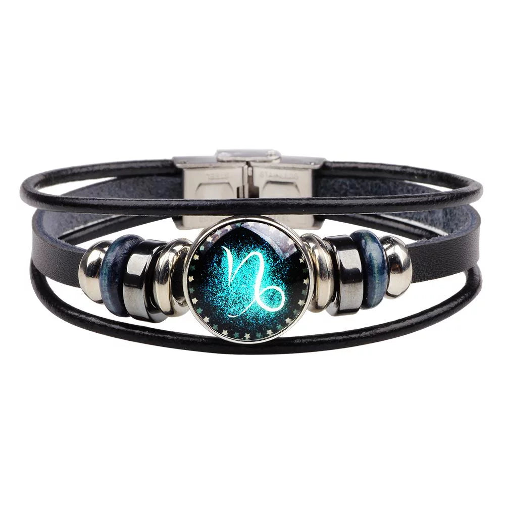 Capricorn Unisex Astrology Zodiac Sign Constellation Horoscope Leather Wristband Bracelet for Men and Women