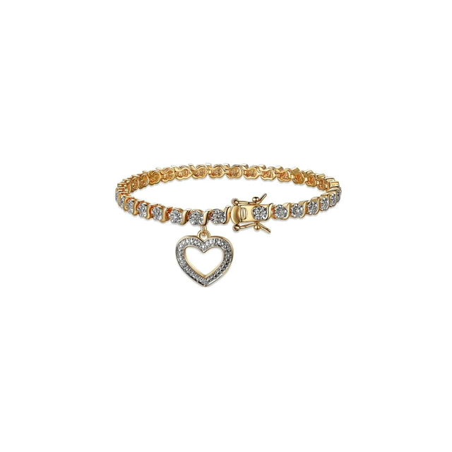 Forever Facets Diamond Accent Open Heart Charm 18K Yellow Gold Plated 7.25" Tennis Bracelet, Adult Female