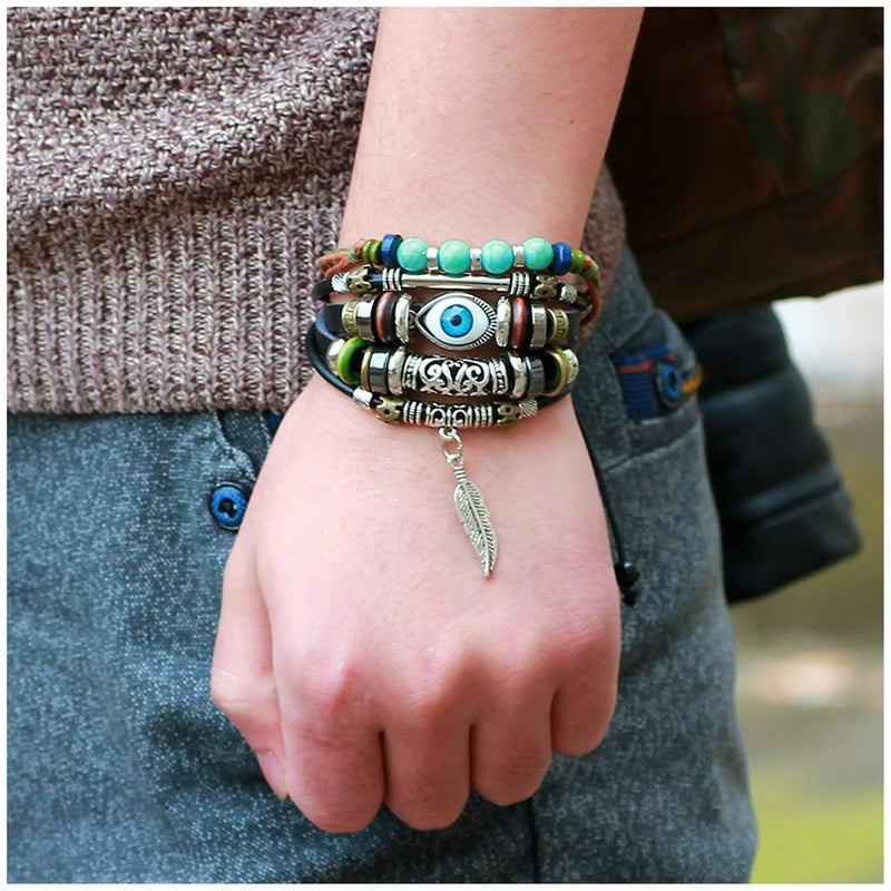 Tribal Evil Eye Protection Synthetic Turquois and Feather Unisex Leather Wristband Bracelet Men or Women