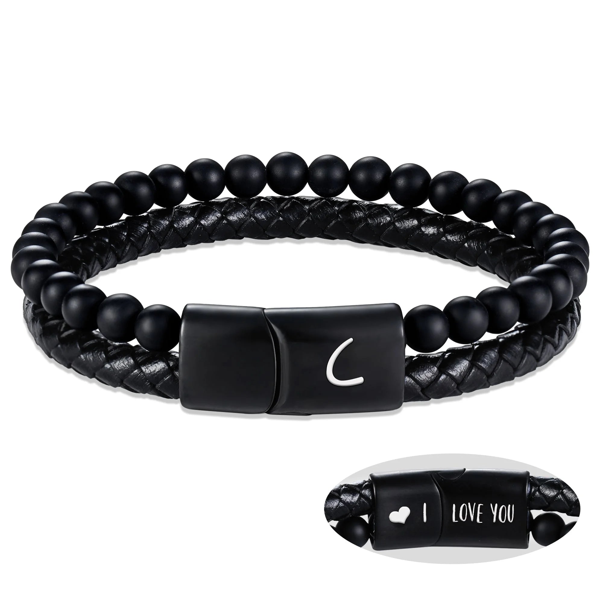 Leather Bracelet for Men Initial C Layered Black Beaded Bracelets I Love You Gifts for Him