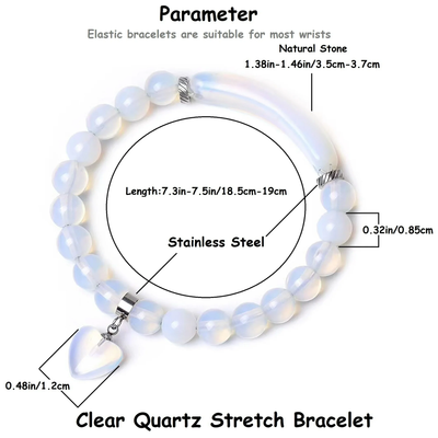 VINCHIC 8MM Clear Quartz Love Heart Stretch Bracelet Energy Crystal Bracelet for Women Girls
