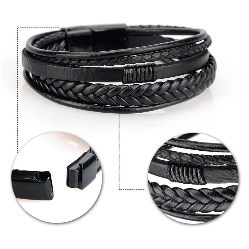Designice Mens Leather Bracelet Bracelet for Men with Magnetic Clasp - Multi-Layer Rope Wristband Style Men Bracelet Black 21.5cm