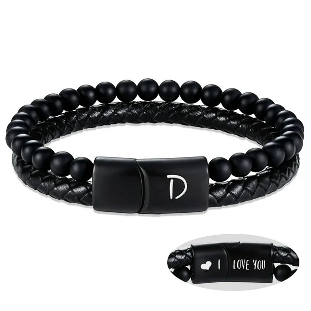 Leather Bracelet for Men Initial D Layered Black Beaded Bracelets I Love You Gifts for Him