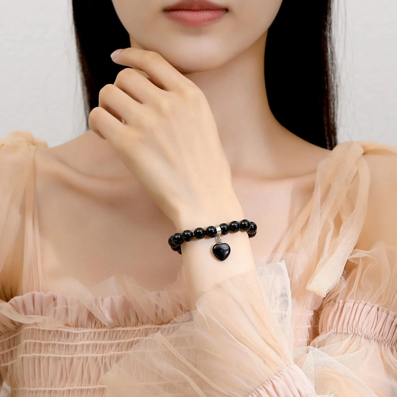 VINCHIC 8MM Obsidian Bracelet Love Heart Charm Stretch Bracelet Jade Energy Bracelet for Women Girls