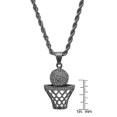 SteelTime Men's 18K Black Ion Plated Stainless Steel Basketball Hoop Chain Pendant Necklace