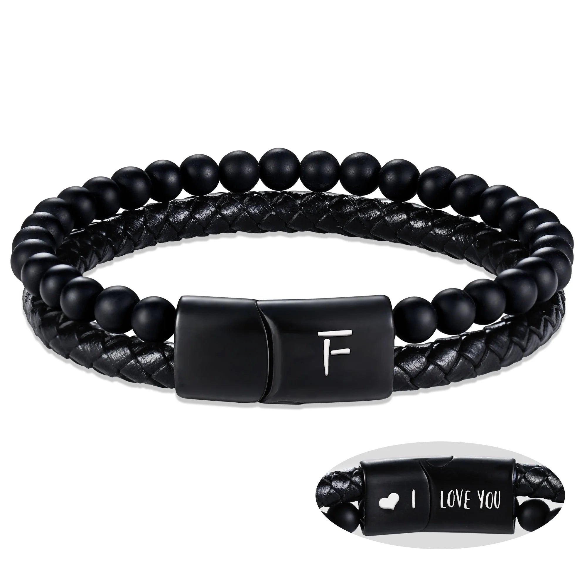 Leather Bracelet for Men Initial F Layered Black Beaded Bracelets I Love You Gifts for Him