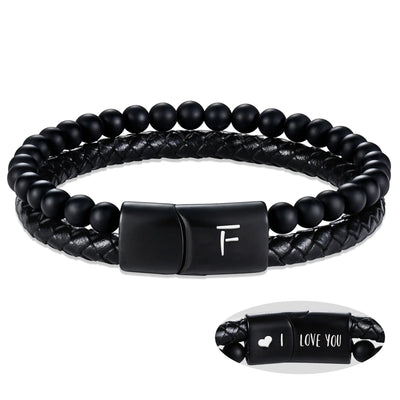 Leather Bracelet for Men Initial F Layered Black Beaded Bracelets I Love You Gifts for Him