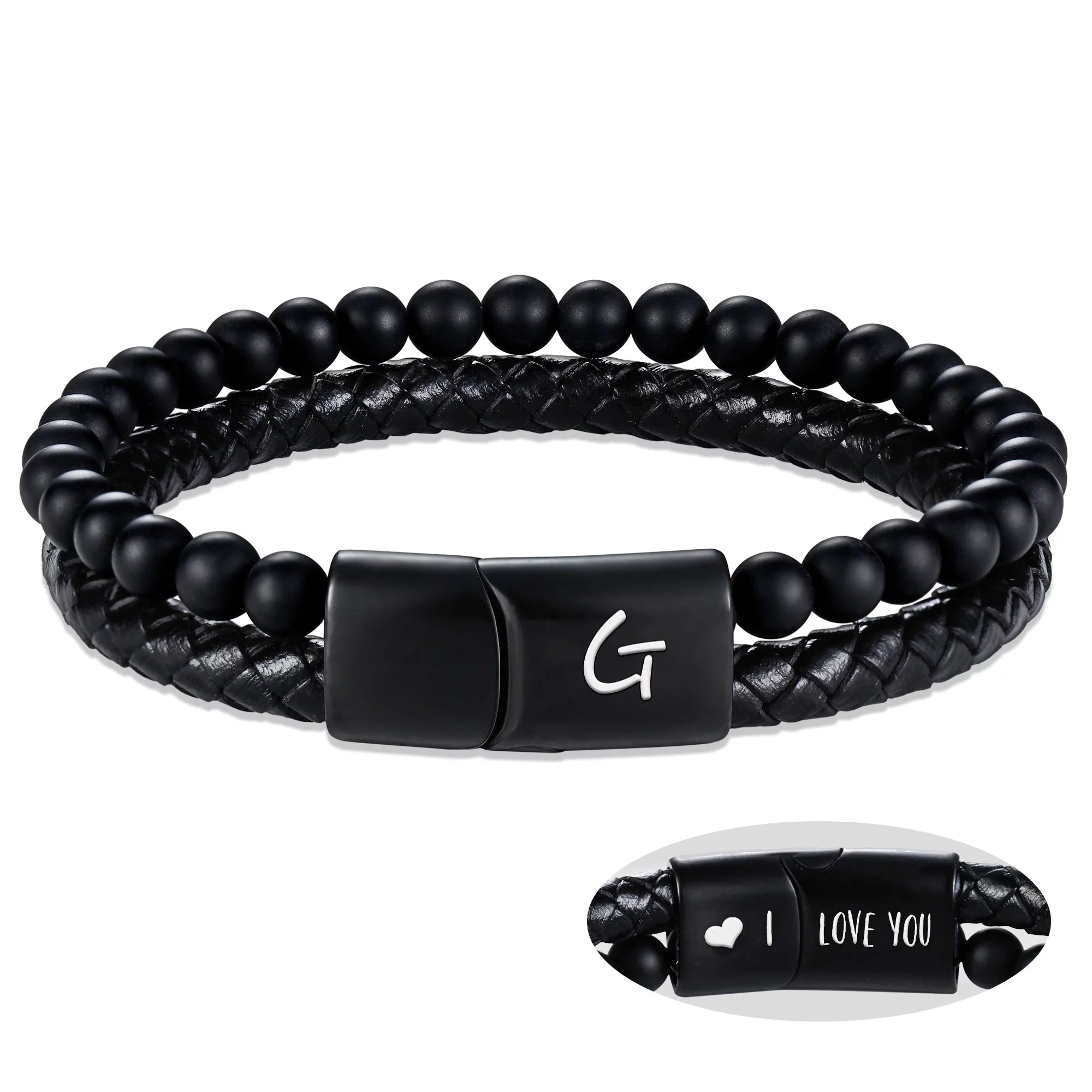 Leather Bracelet for Men Initial G Layered Black Beaded Bracelets I Love You Gifts for Him