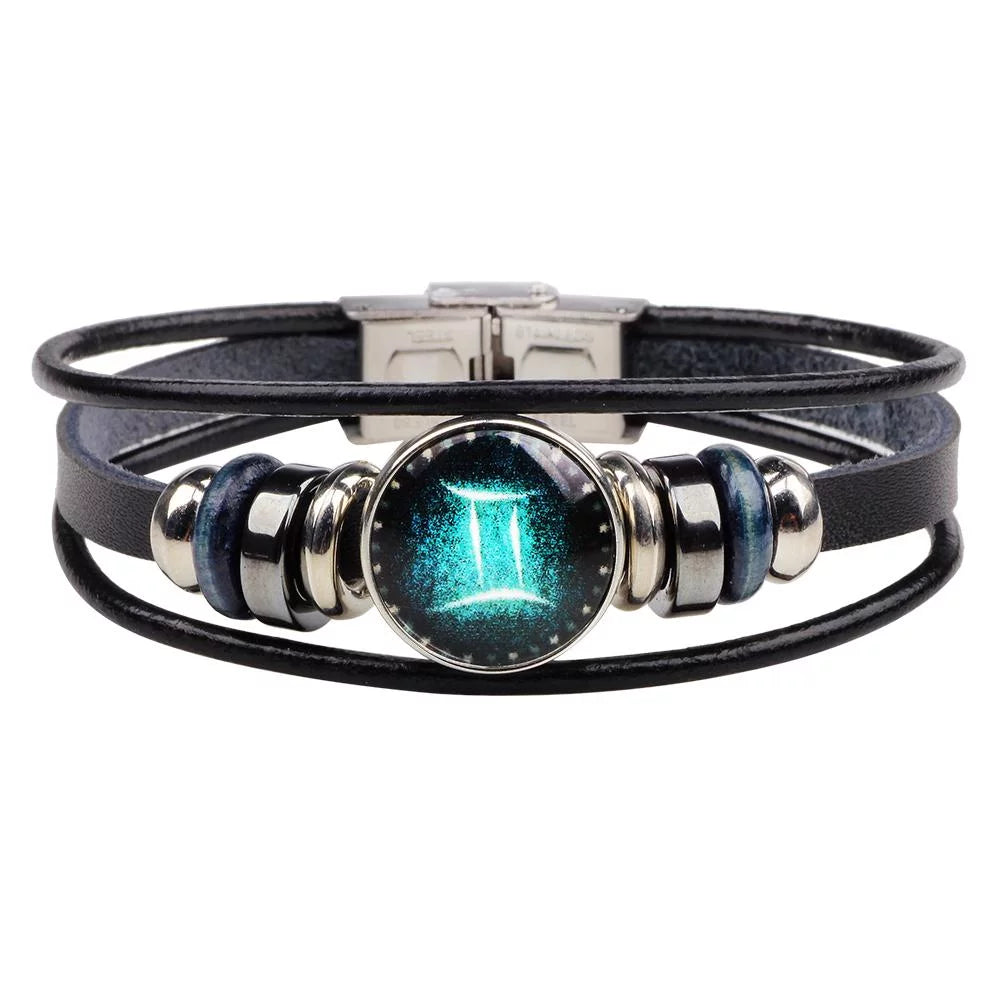 Gemini Unisex Astrology Zodiac Sign Constellation Horoscope Leather Wristband Bracelet for Men and Women