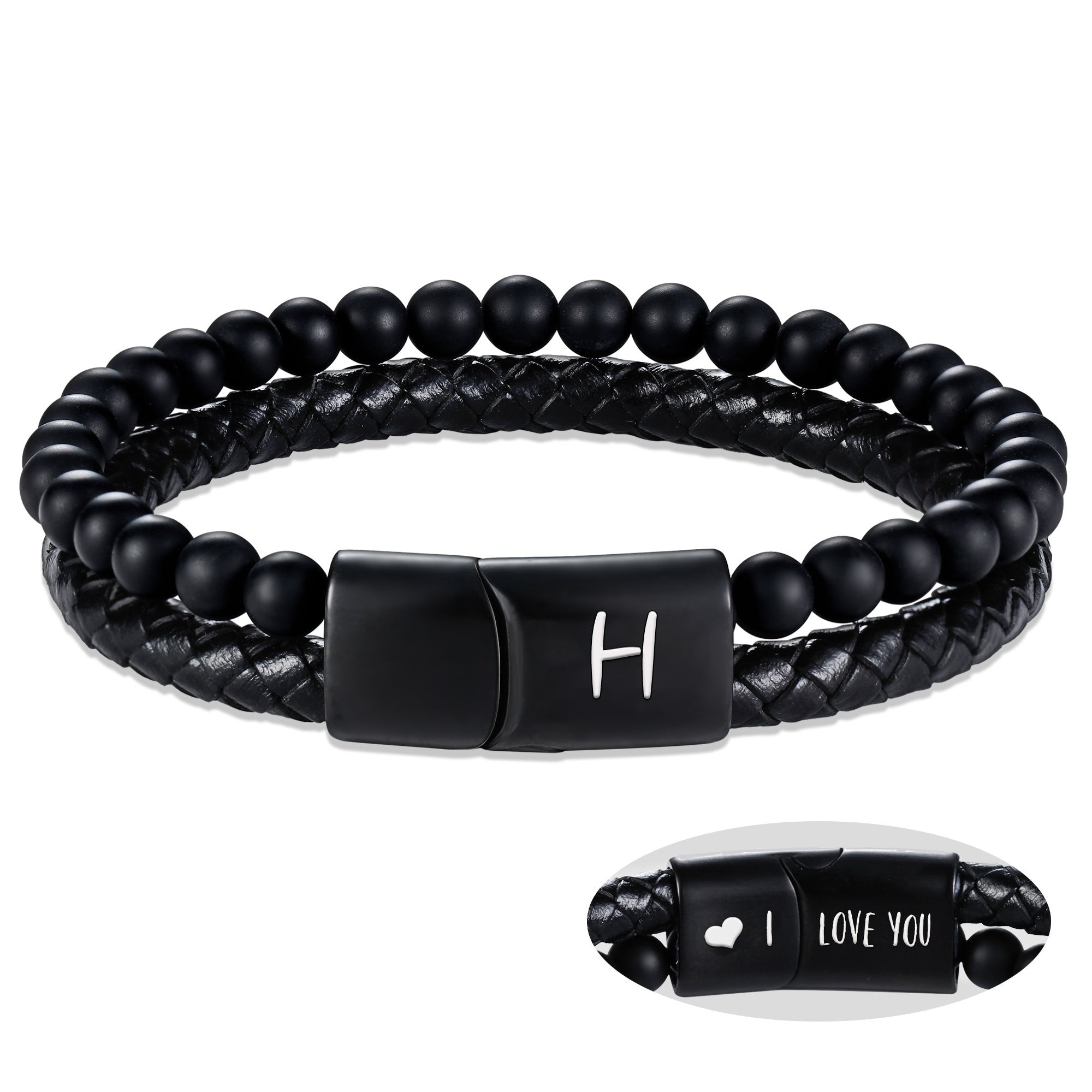 Leather Bracelet for Men Initial H Layered Black Beaded Bracelets I Love You Gifts for Him