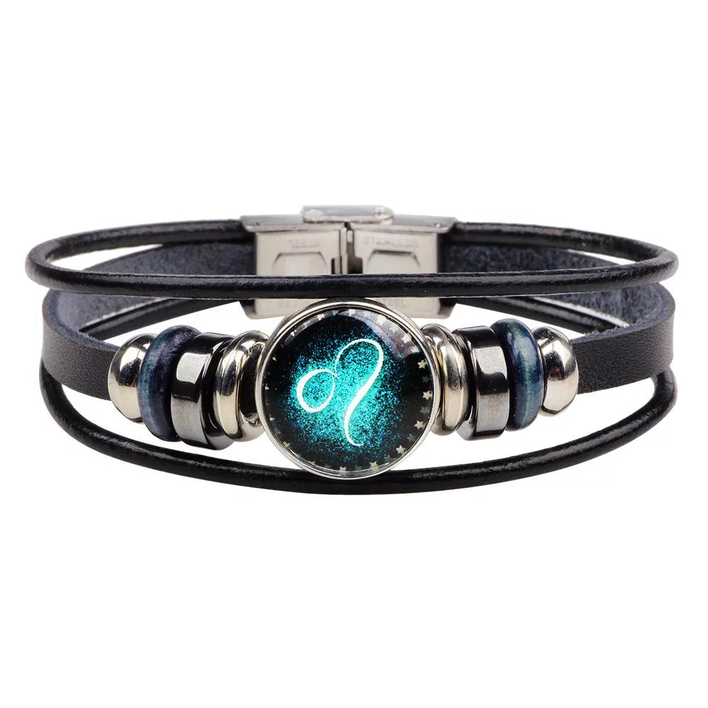 Leo Unisex Astrology Zodiac Sign Constellation Horoscope Leather Wristband Bracelet for Men and Women