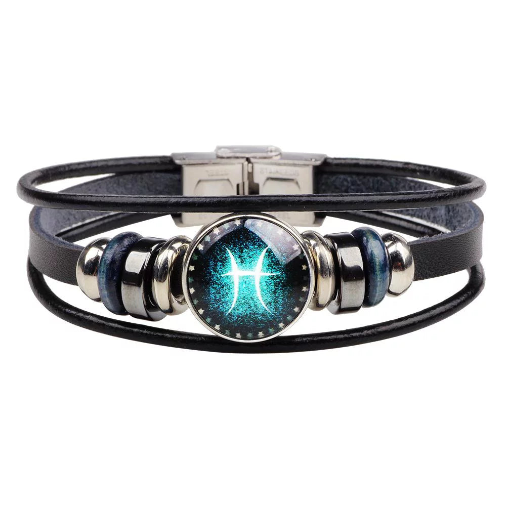 Pisces Unisex Astrology Zodiac Sign Constellation Horoscope Leather Wristband Bracelet for Men and Women