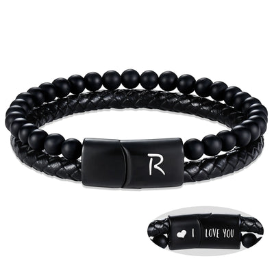 Leather Bracelet for Men Initial R Layered Black Beaded Bracelets I Love You Gifts for Him