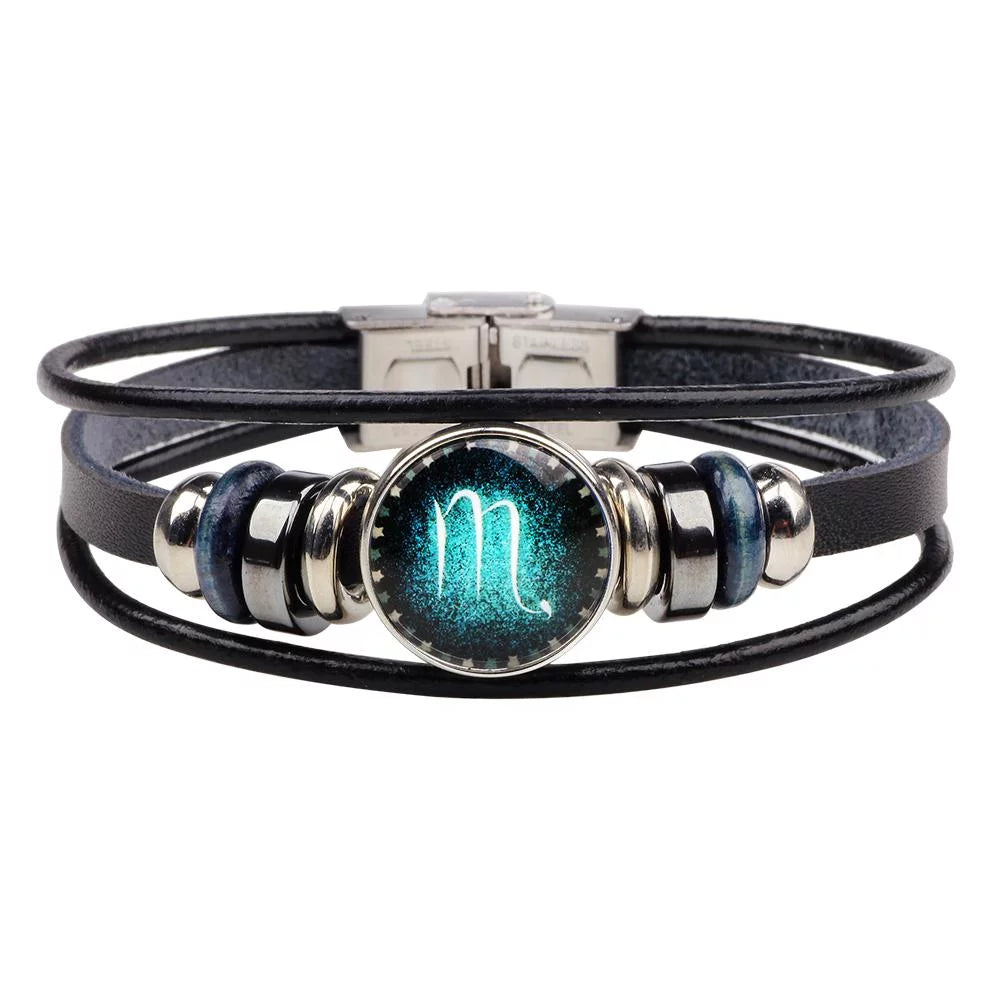 Scorpio Unisex Astrology Zodiac Sign Constellation Horoscope Leather Wristband Bracelet for Men and Women