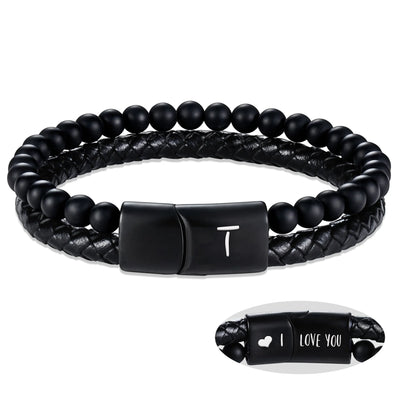 Leather Bracelet for Men Initial T Layered Black Beaded Bracelets I Love You Gifts for Him