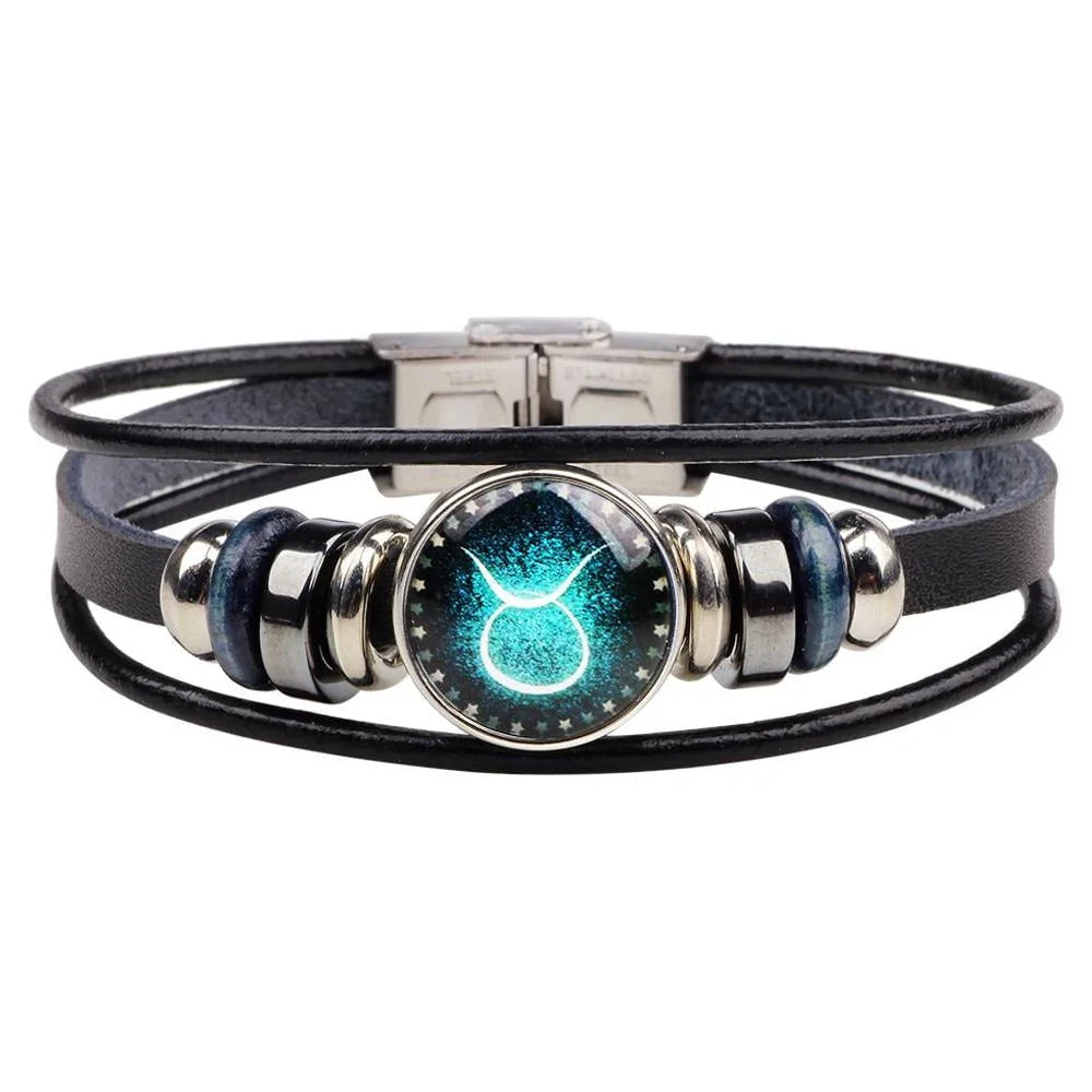 Taurus Unisex Astrology Zodiac Sign Constellation Horoscope Leather Wristband Bracelet for Men and Women