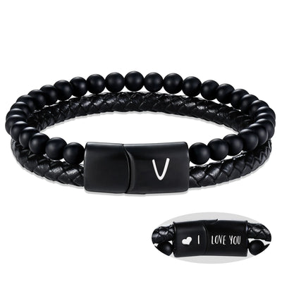 Leather Bracelet for Men Initial V Layered Black Beaded Bracelets I Love You Gifts for Him